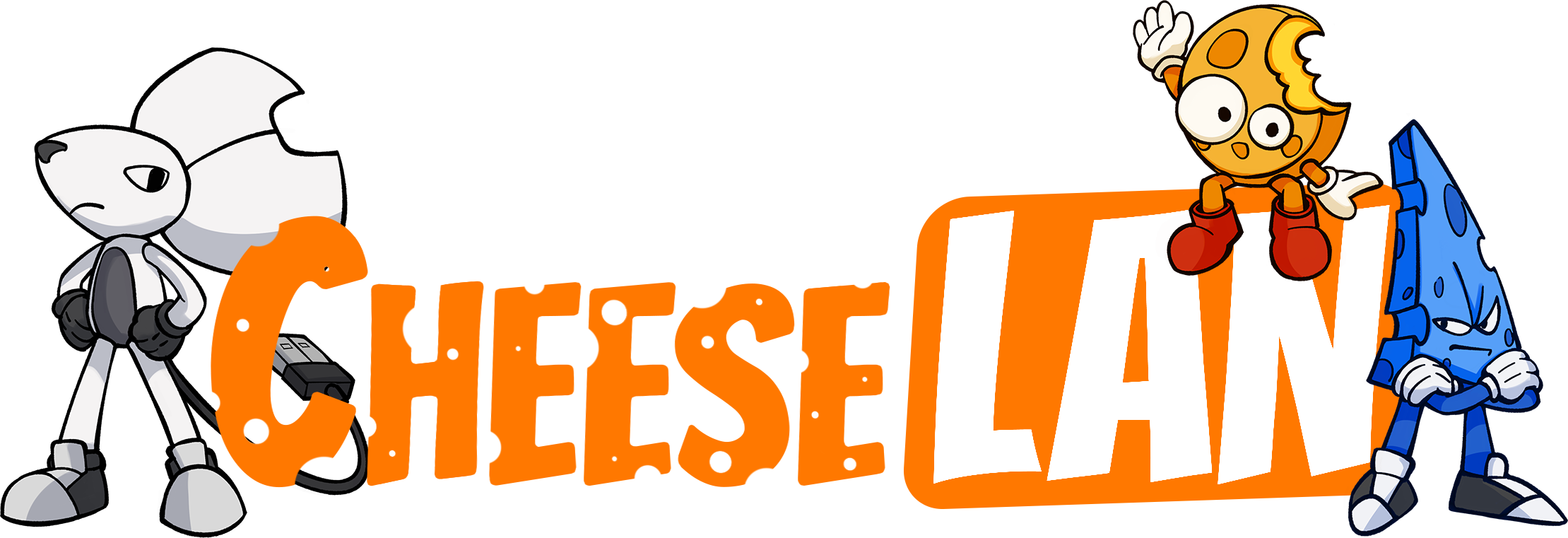 Banner with three cartoon characters around the orange 'CHEESELAND' text logo on a black background.