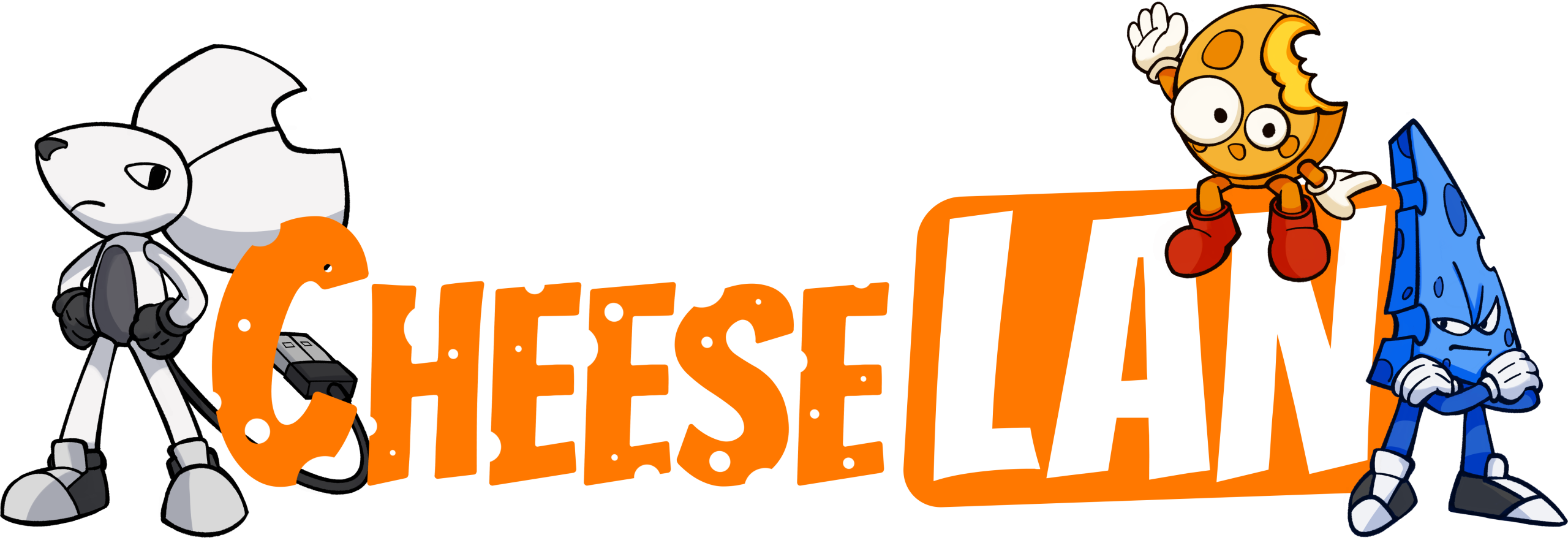 Cartoon banner with three characters around bold orange 'CHEESELAND' lettering (white figure left, orange creature on text, blue cheese character right).