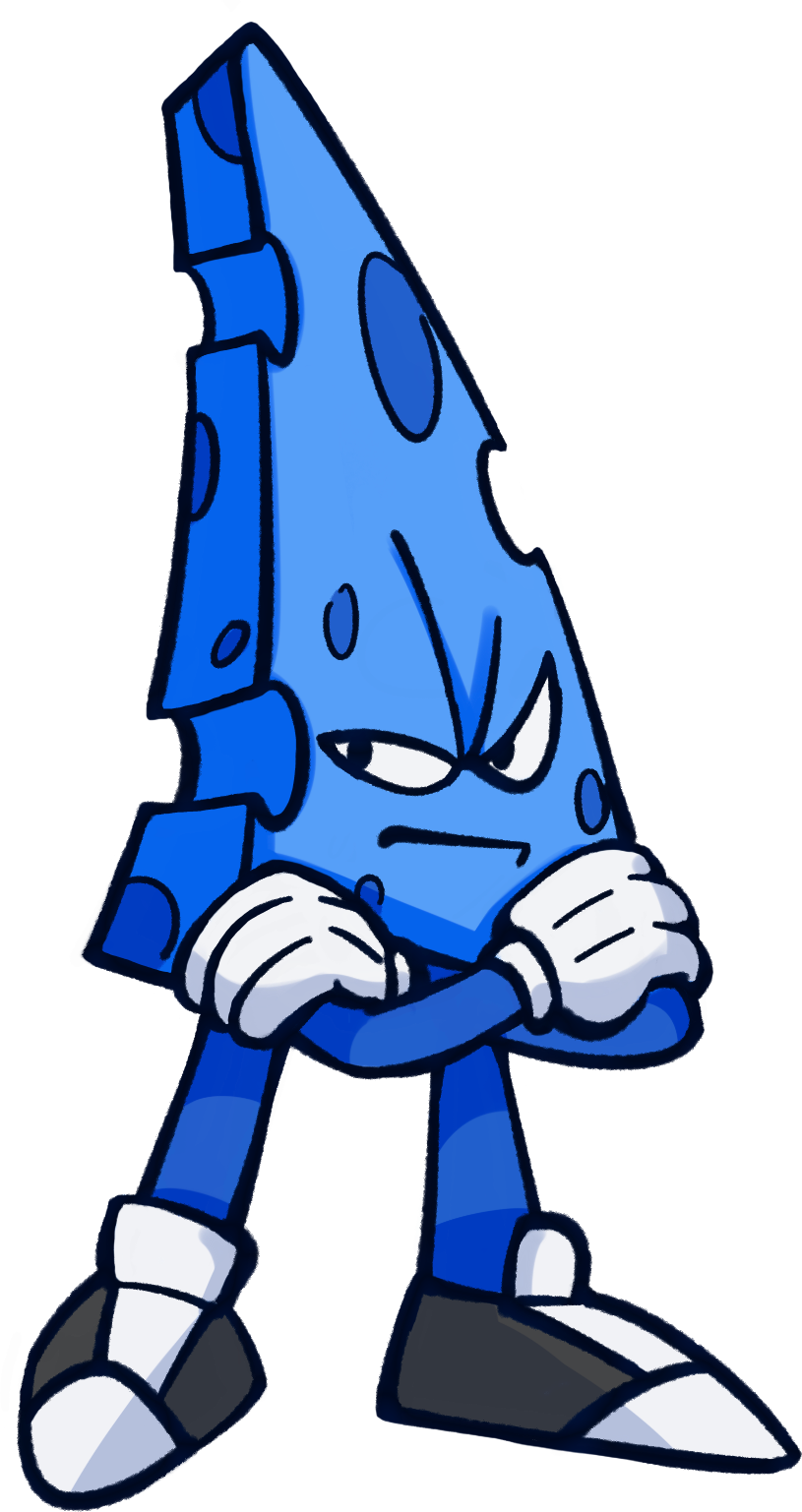 Cartoon blue cheese wedge with crossed arms and a determined, grumpy expression against a dark background